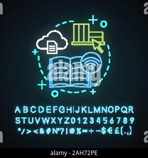 Digital library neon light concept icon.  E-library. Electronic books idea. E-books, e-encyclopedias. Online library. Glowing sign with alphabet, numb Stock Vector