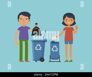 Throwing garbage. Trash recycling cartoon vector illustration Stock Vector