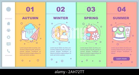 Four seasons onboarding mobile web pages vector template. Winter, autumn, spring, summer. Responsive smartphone website interface idea with linear ill Stock Vector