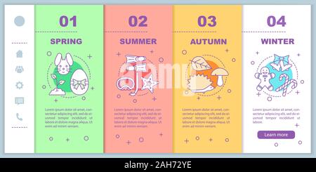 Four seasons onboarding mobile web pages vector template. Winter, autumn, spring, summer. Responsive smartphone website interface idea with linear ill Stock Vector