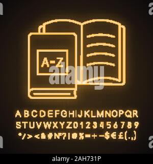 Foreign language learning books neon light icon. Language lesson. Student’s workbook. Educational materials and library. Glowing sign with alphabet, n Stock Vector