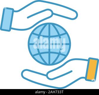 Corporate social responsibility color icon. International relations. Earth protection. Globalization. Impact. Hands holding globe. Isolated vector ill Stock Vector