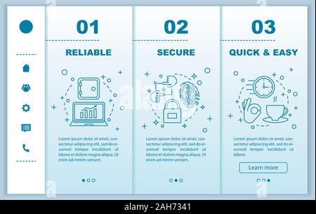 Digital services onboarding mobile web pages template. Business software. Security, quick and easy launch, reliable service. Responsive smartphone web Stock Vector