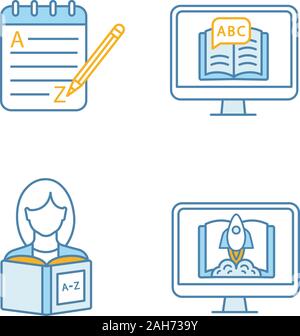 Foreign language learning color icons set. Grammar, e-learning, reading, start learning course. Isolated vector illustrations Stock Vector