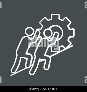 Teamwork chalk icon. Team. Partnership. Two businessmen pushing cogwheel up. Join efforts. Isolated vector chalkboard illustration Stock Vector