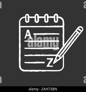 Grammar and writing chalk icon. Basic language skills. Foreign language learning. Taking notes. Notepad with pencil. Isolated vector chalkboard illust Stock Vector