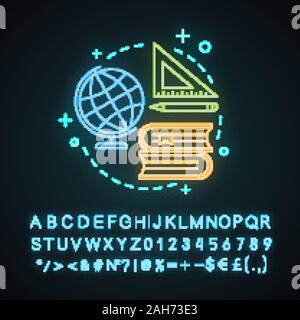 Studying neon light concept icon.  School education idea. Learning. Gaining knowledge. Glowing sign with alphabet, numbers and symbols. Vector isolate Stock Vector