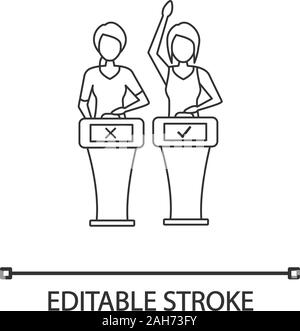 Quiz show linear icon. Players of intellectual game answering questions. Thin line illustration. Contestants of quiz game pressing button standing at Stock Vector