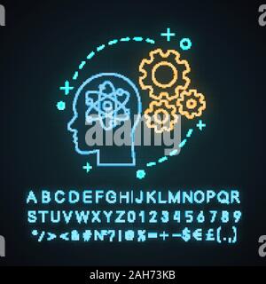 Knowledge neon light concept icon. Artificial intelligence idea. AI. Thinking process. Solution searching. Glowing sign with alphabet, numbers and sym Stock Vector