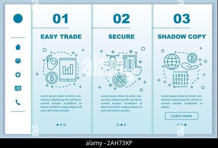 Internet business onboarding mobile web pages vector template. Online trading app. Easy trade, shadow copy, digital security. Responsive smartphone we Stock Vector