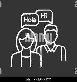 Language practice chalk icon. Interpretation and translation. Practical language dialog. Basic communication skills. Speaking club. Working in pair. I Stock Vector