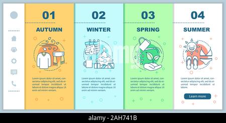 Four seasons onboarding mobile web pages vector template. Winter, autumn, spring, summer. Responsive smartphone website interface idea with linear ill Stock Vector