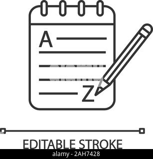 Grammar and writing linear icon. Basic language skills. Thin line illustration. Foreign language learning. Taking notes. Notepad with pencil. Contour Stock Vector