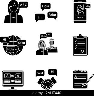 Foreign language learning glyph icons set. Teacher, foreign language courses, app, practice, test, translation, business communication, grammar. Silho Stock Vector