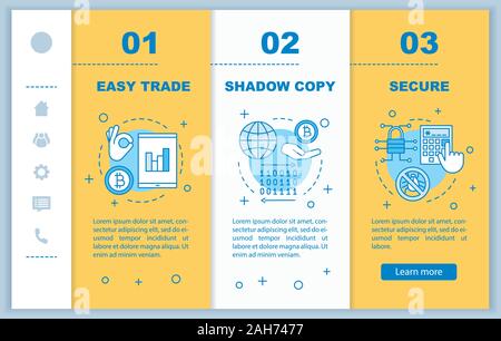 Internet business onboarding mobile web pages vector template. Online trading app. Easy trade, shadow copy, digital security. Responsive smartphone we Stock Vector