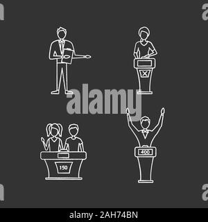 Quiz show chalk icons set. Game show host, winner and loser, buzzer systems, quiz bowl. Isolated vector chalkboard illustrations Stock Vector