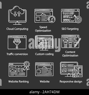 SEO chalk icons set. Cloud computing, speed optimization, targeting, traffic, conversion, custom coding, copywriting, ranking, website, responsive des Stock Vector