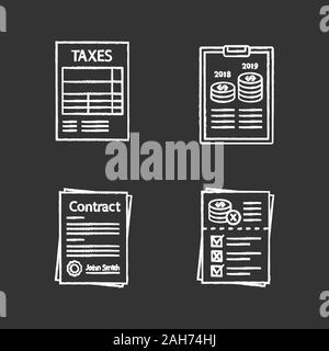 Audit chalk icons set. Taxes form, annual report, contract, audit risks. Isolated vector chalkboard illustrations Stock Vector