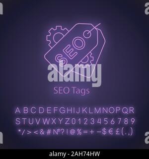 SEO tags neon light icon. Meta tags. Search optimization. SEO marketing. Label and cogwheels. Glowing sign with alphabet, numbers and symbols. Vector Stock Vector