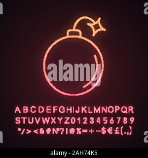 Bomb neon light icon. Cannonball bomb with burning safety fuse. Round shot. Glowing sign with alphabet, numbers and symbols. Vector isolated illustrat Stock Vector