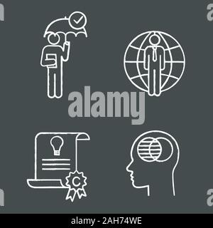 Business ethics chalk icons set. Reliability, international business, intellectual property, corporate transparency. Isolated vector chalkboard illust Stock Vector