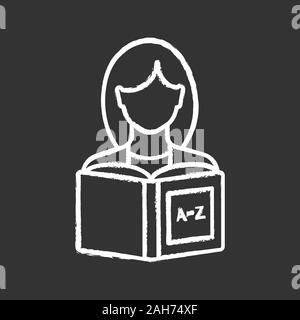 Reading chalk icon. Basic language skills. Woman reading book. Dictionary. Foreign language learning. Isolated vector chalkboard illustration Stock Vector