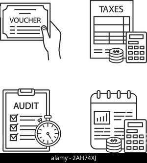 Audit linear icons set. Voucher, budgeting, taxes accounting, operational audit. Thin line contour symbols. Isolated vector outline illustrations. Edi Stock Vector