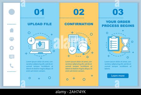 Customer support onboarding mobile web pages vector template. Upload file, confirmation, order processing. Digital service. Responsive smartphone webs Stock Vector