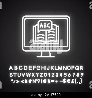 Online language learning neon light icon. Spell check. Foreign language courses. Distance education. E-learning. Online lessons. Glowing sign with alp Stock Vector