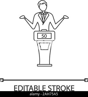Quiz show fail linear icon. Loser of intellectual game. Thin line illustration. Man standing at game show podium with low score. Contestant at buzzer Stock Vector
