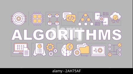 Algorithms word concepts banner. Programming. Data structure and mining. Machine learning. Coding. Presentation. Isolated lettering typography with li Stock Vector