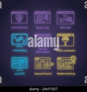 SEO neon light icons set. Data protection, pay per click, audit, link building, sitemap, traffic conversion, local SEO, keyword search, website rankin Stock Vector