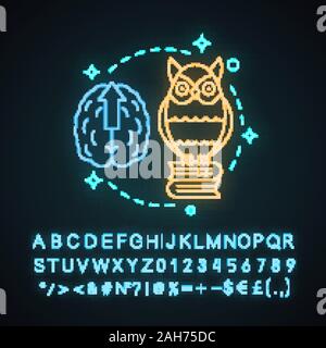Wisdom neon light concept icon.  Gaining knowledge idea. Education. Owl on books stack. Brainstorming. Glowing sign with alphabet, numbers and symbols Stock Vector