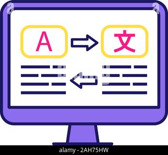 Language translation color icon. Online translator. Spell check. Computer screen with text translating app. Isolated vector illustration Stock Vector