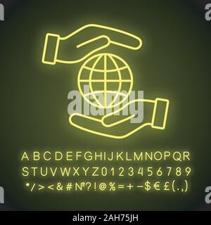 Corporate social responsibility neon light icon. International relations. Earth protection. Globalization. Impact. Hands holding globe. Glowing alphab Stock Vector