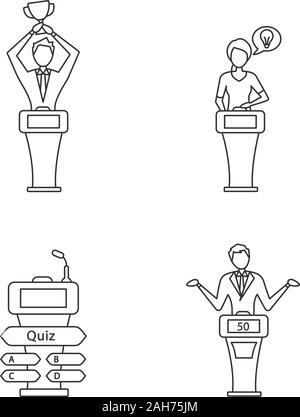 Quiz show linear icons set. Intellectual winner, loser, buzzer systems, thinking player. Thin line contour symbols. Isolated vector outline illustrati Stock Vector