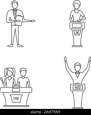 Quiz show linear icons set. Game show host, winner and loser, buzzer systems, quiz bowl. Thin line contour symbols. Isolated vector outline illustrati Stock Vector