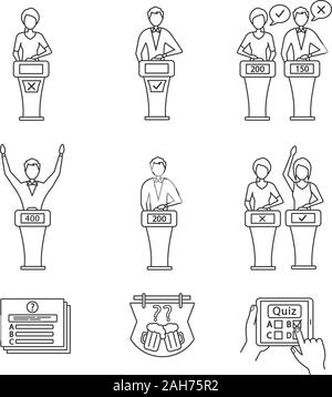 Quiz show linear icons set. Intellectual game questions, buzzer systems, players, quiz bowl, online, TV, studio games, winners, losers, show host. Iso Stock Vector