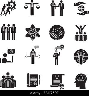 Business ethics glyph icons set. Business deal, agreement. Core values. Moral standards. Partnership, teamwork. Empathy, responsibility, trust, honest Stock Vector