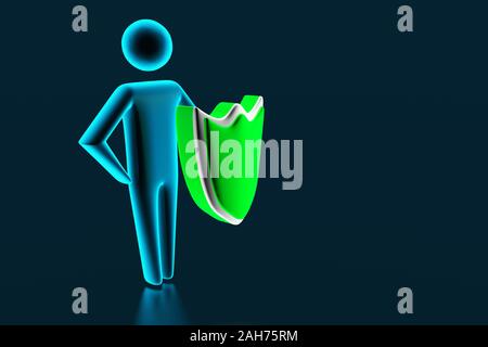 3d man businessman holds green shield. Insurance, protection from dangers concept. 3d rendering Stock Photo