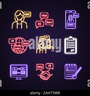 Foreign language learning neon light icons set. Teacher, foreign language courses, app, practice, test, translation, business communication, grammar. Stock Vector