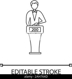 Quiz show player linear icon. Intellectual game contestant. Thin line illustration. Man standing at game show podium with buzzer system. Trivia contes Stock Vector