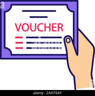 Voucher color icon. Accounting and payment document. Financial documentation. Hand holding accounting voucher. Gift, present certificate. Discount, sp Stock Vector