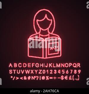Reading neon light icon. Basic language skills. Woman reading book. Dictionary. Foreign language learning. Glowing sign with alphabet, numbers and sym Stock Vector