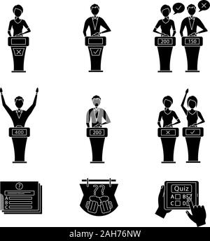 Quiz show glyph icons set. Intellectual game questions, buzzer systems, players, quiz bowl, online, TV, studio games, winners, losers, show host. Silh Stock Vector