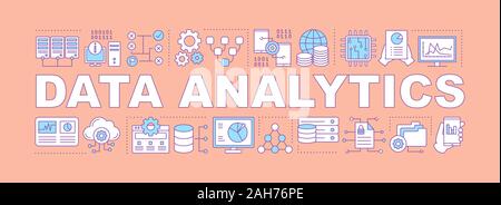 Data analysis word concepts banner. Big data. Machine learning algorithms. Databases and servers. Programming. Presentation, website. Isolated letteri Stock Vector