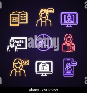 Foreign language learning neon light icons set. Pronunciation, listening, teacher, native speaker, books, reading, learning app, e-learning, translati Stock Vector