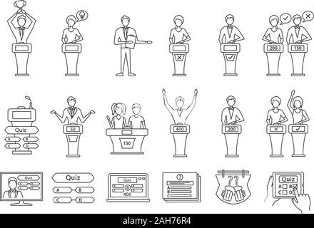 Quiz show linear icons set. Intellectual game questions, podiums, buzzer systems, players. Quiz TV show, online and studio games, bar trivia. Isolated Stock Vector
