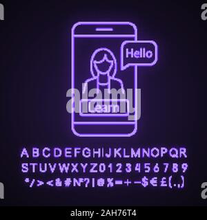 Foreign language learning app neon light icon. Online language lessons. Speaking practice with smartphone app. E-learning. Online education. Glowing a Stock Vector