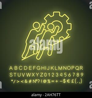 Teamwork neon light icon. Team. Partnership. Two businessmen pushing cogwheel up. Join efforts. Glowing sign with alphabet, numbers and symbols. Vecto Stock Vector